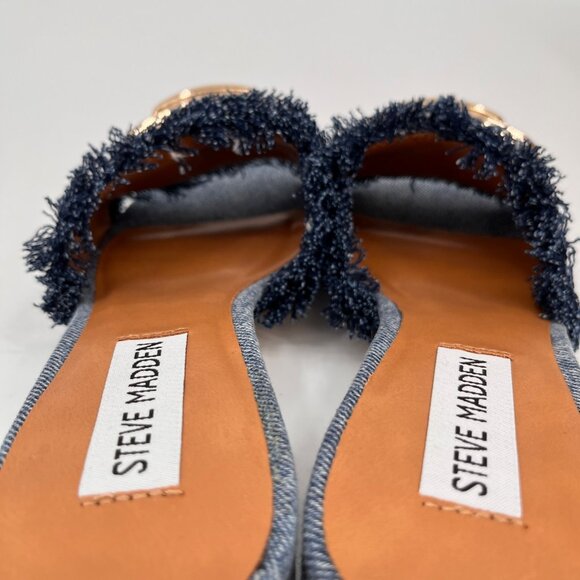Steve Madden Santana Block Heel Sandals Size 6.5 Denim Frayed Strap Slip-On - Picture 7 of 15